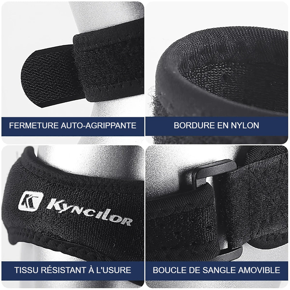 Détails de la sangle rotulienne Kyncilor : fermeture auto-agrippante, bordure en nylon, tissu résistant, boucle amovible