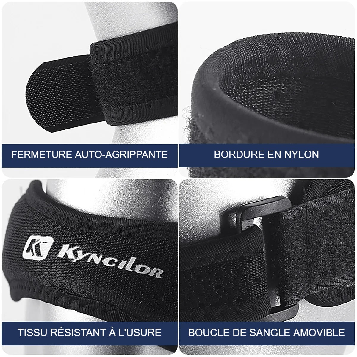 Détails de la sangle rotulienne Kyncilor : fermeture auto-agrippante, bordure en nylon, tissu résistant, boucle amovible